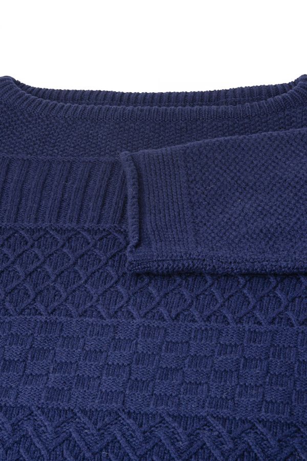Womens navy blue gansey jumper sweater boat neck house close up