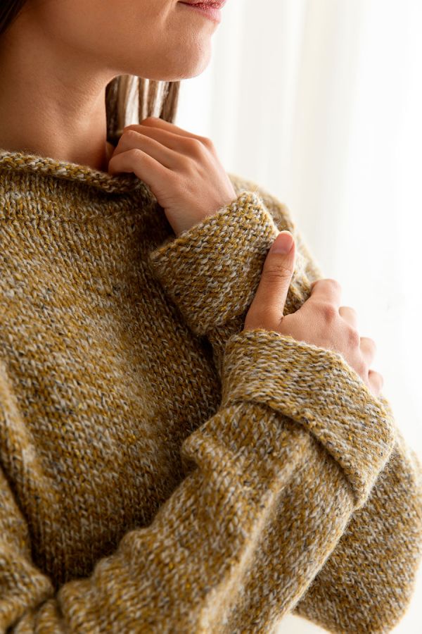 womens chunky wool cuffed jumper sweater ochre mustard yellow close up