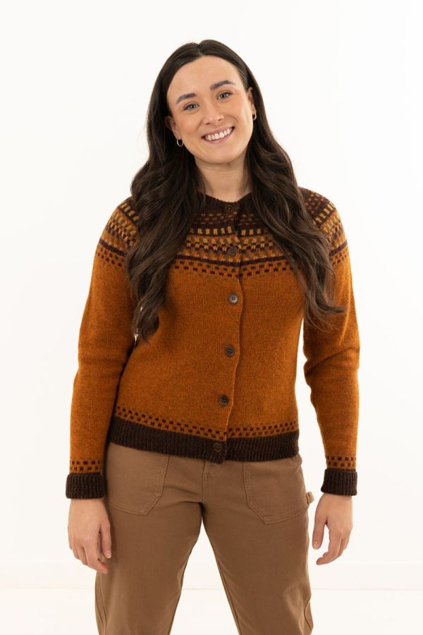 Womens orange fair isle cardigan sweater brown wool blocks