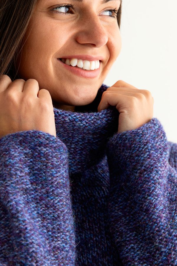 womens purple chunky scottish wool cowl neck jumper sweater close up