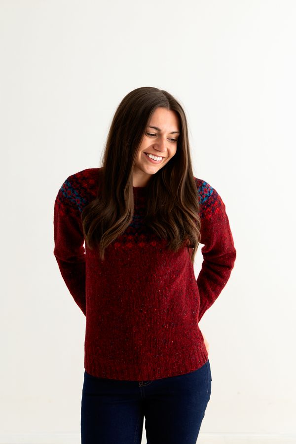 womens red fair isle jumper sweater croft yoke donegal merino wool front