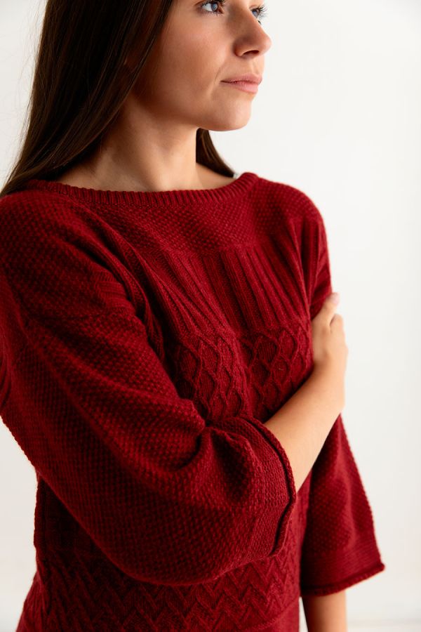 red womens gansey guernsey sweater jumper geelong lambswool close up