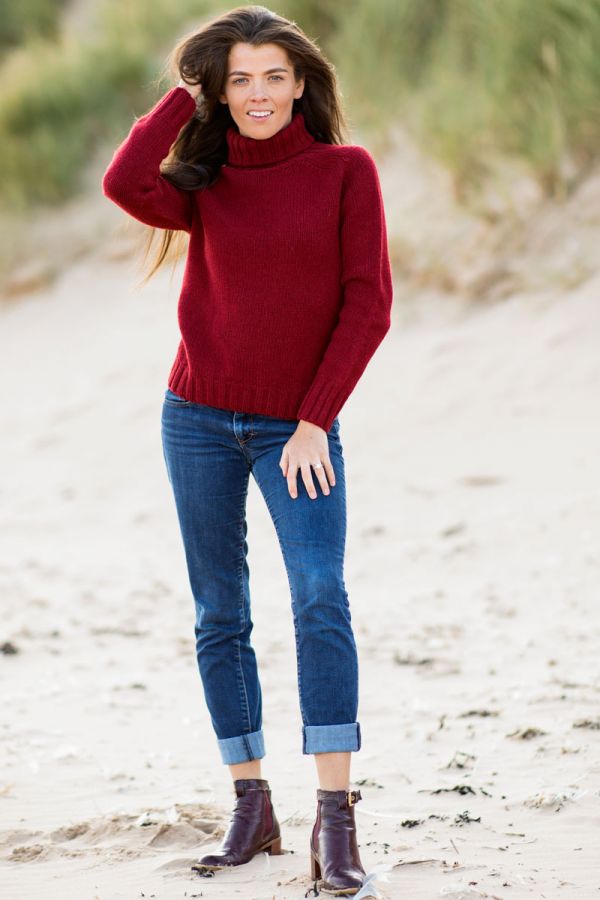 Womens red polo neck Jumper chunky super fine lambs wool