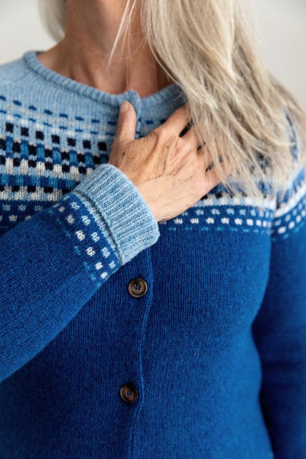 royal blue shetland wool fair isle womens cardigan