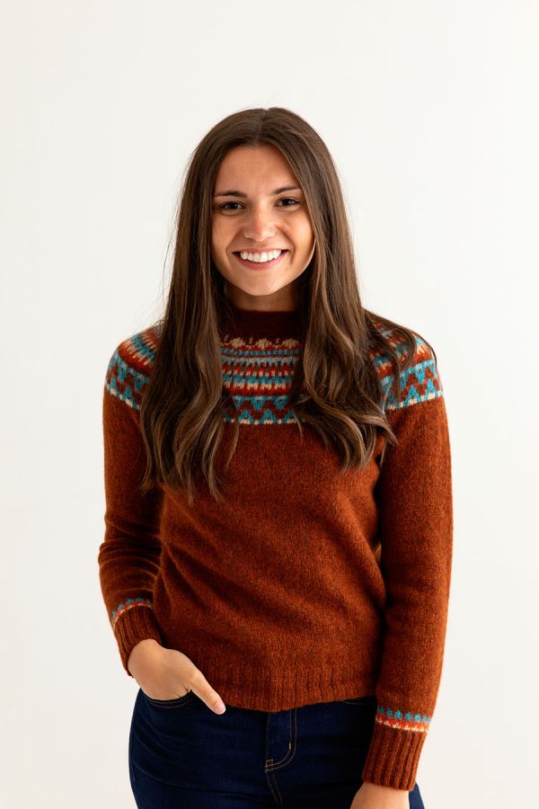 womens rust wool fair isle jumper sweater lido yoke front