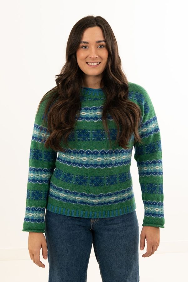 womens shetland wool fair isle jumper sweater green blue pitmedden