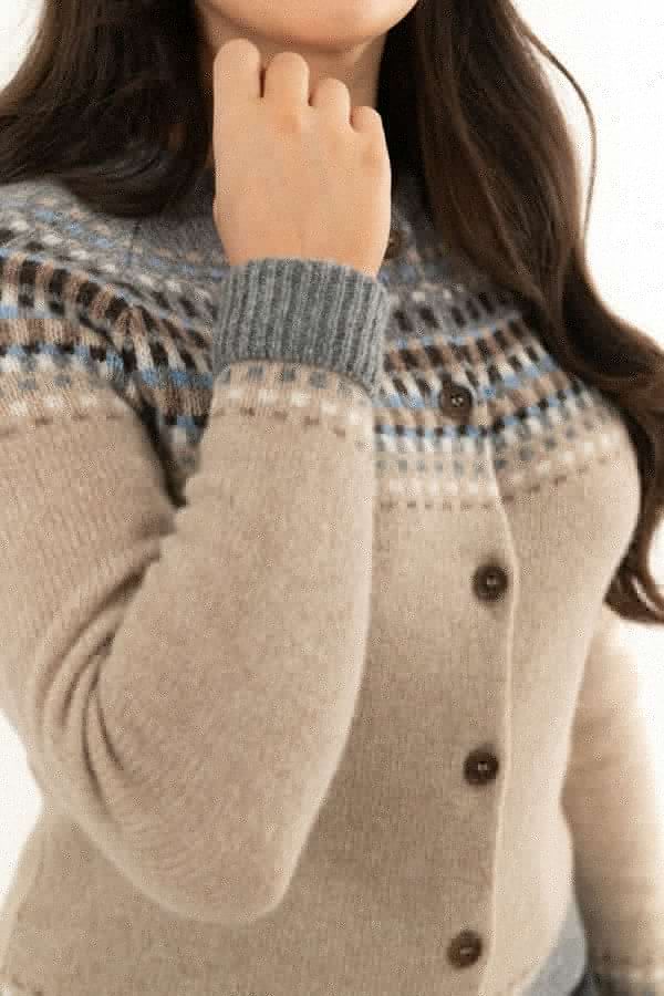 Womens wool fair isle cardigan sweater beige brown blue blocks