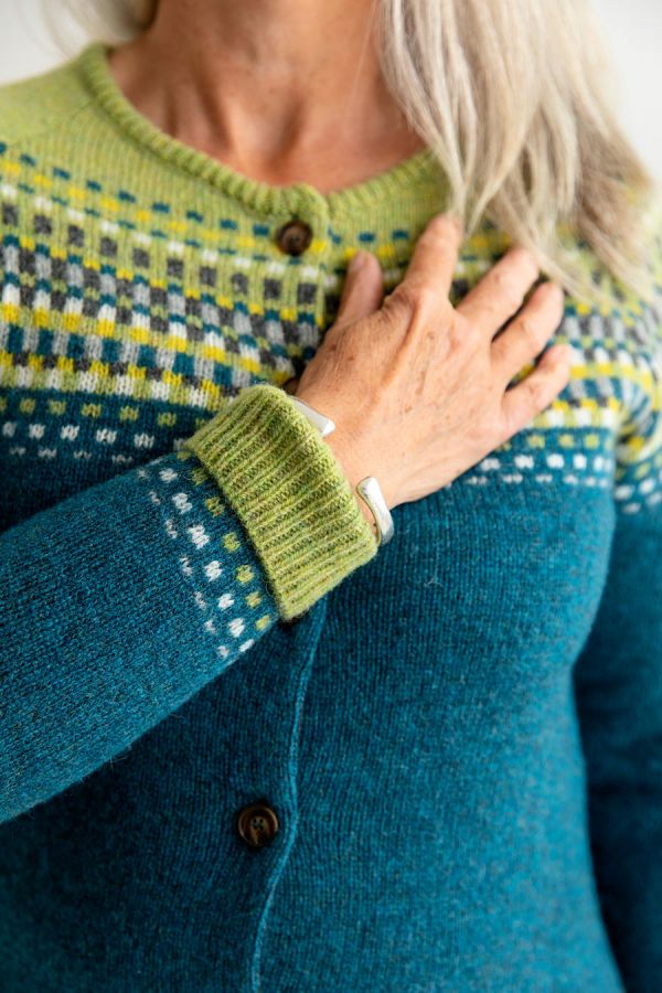 womens wool fair isle cardigan sweater teal green blocks