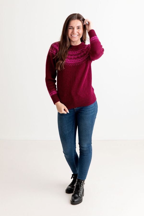 womens wool fairisle jumper sweater burgundy wine beetroot aviemore yoke