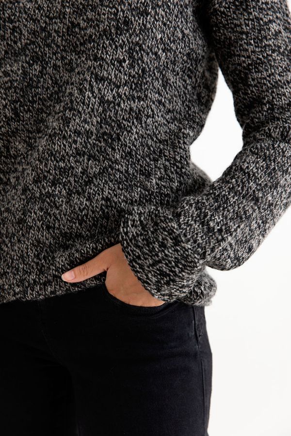 womens wool chunky cuffed jumper sweater black grey pebble close up