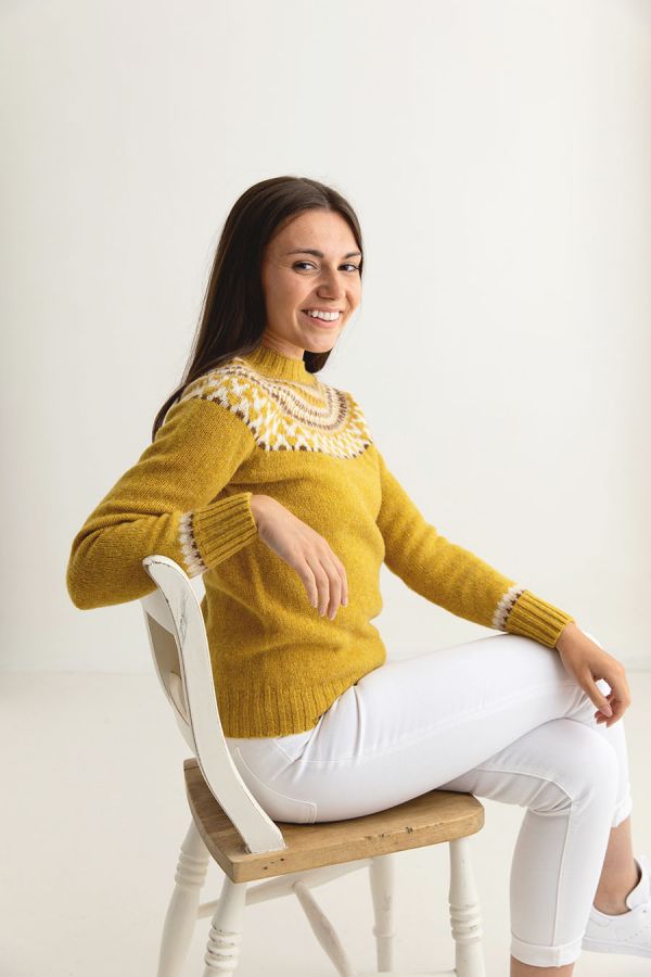 ladies fairisle jumper sweater mustard yellow wool lido side