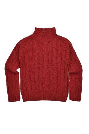 Womens Chunky Geelong Lambswool Cable Mock Neck Jumper - Red