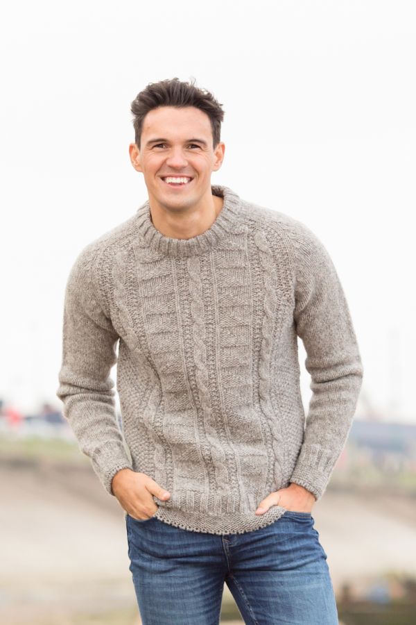 Mens Natural Gansey Jumper knitted in Scotland with cables and textural ...