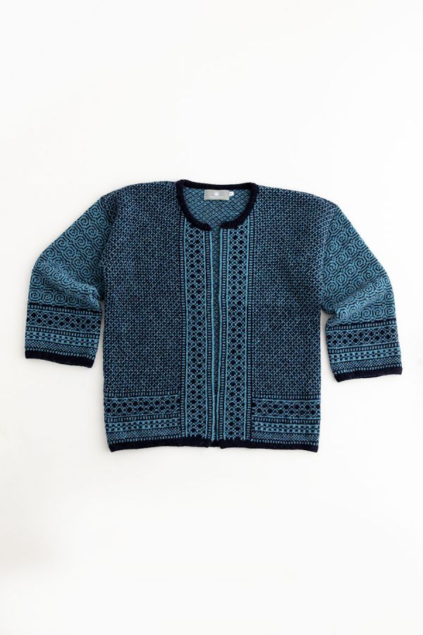 Womens Scottish Wool Fair Isle Coatigan in navy blue and teal - The ...